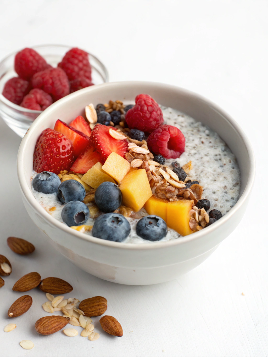 High-protein chia pudding with berries, mango, and almonds – perfect for meal prep and weight loss