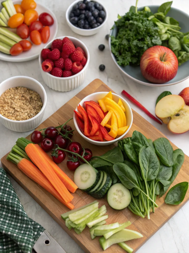 Colorful vegan ingredients including fresh vegetables, grains, and plant-based items prepared for weekly meal prep