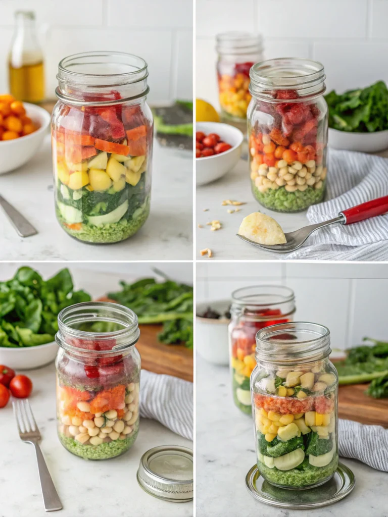 Step-by-step mason jar salad preparation with layered vegetables and grains in glass jars.