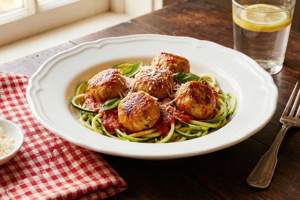 Italian turkey meatballs with marinara sauce over zucchini noodles in white pasta bowl