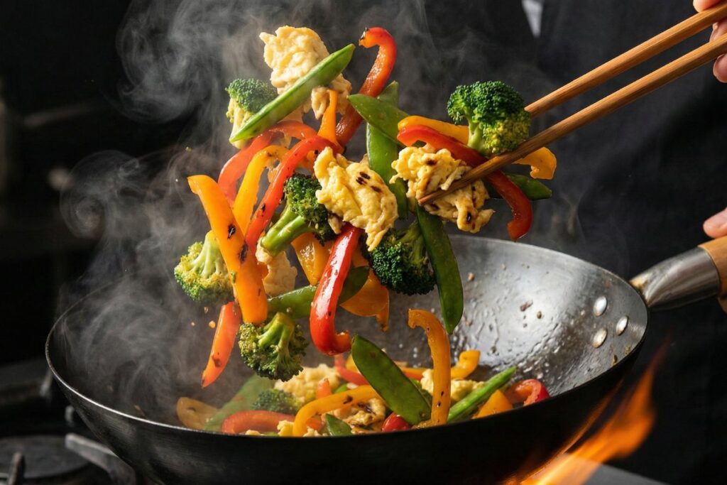 Vegetable stir-fry with scrambled eggs, bell peppers, broccoli, and snap peas in wok with steam rising