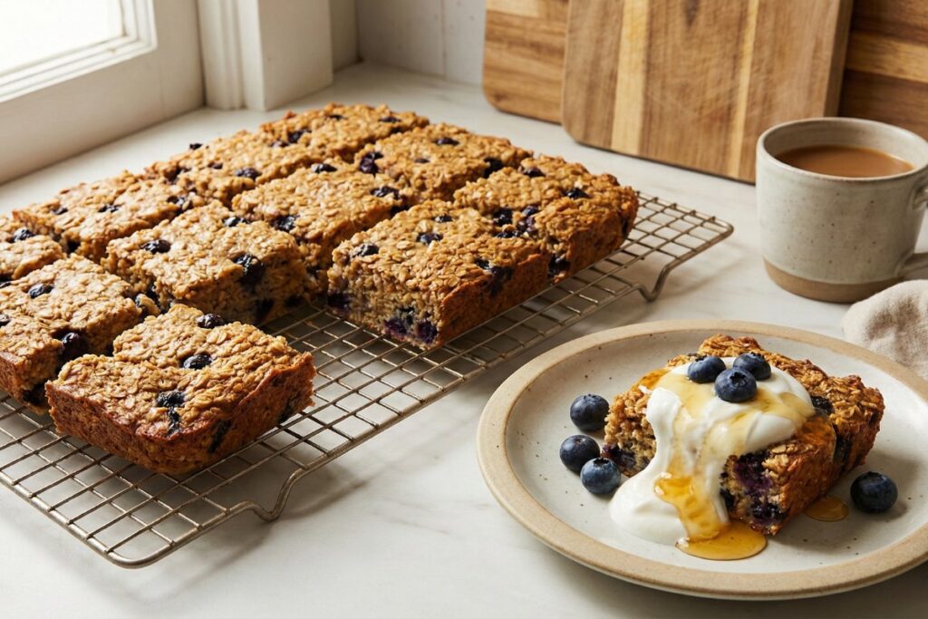 Baked oatmeal squares with blueberries on cooling rack, one piece on plate with Greek yogurt and honey
