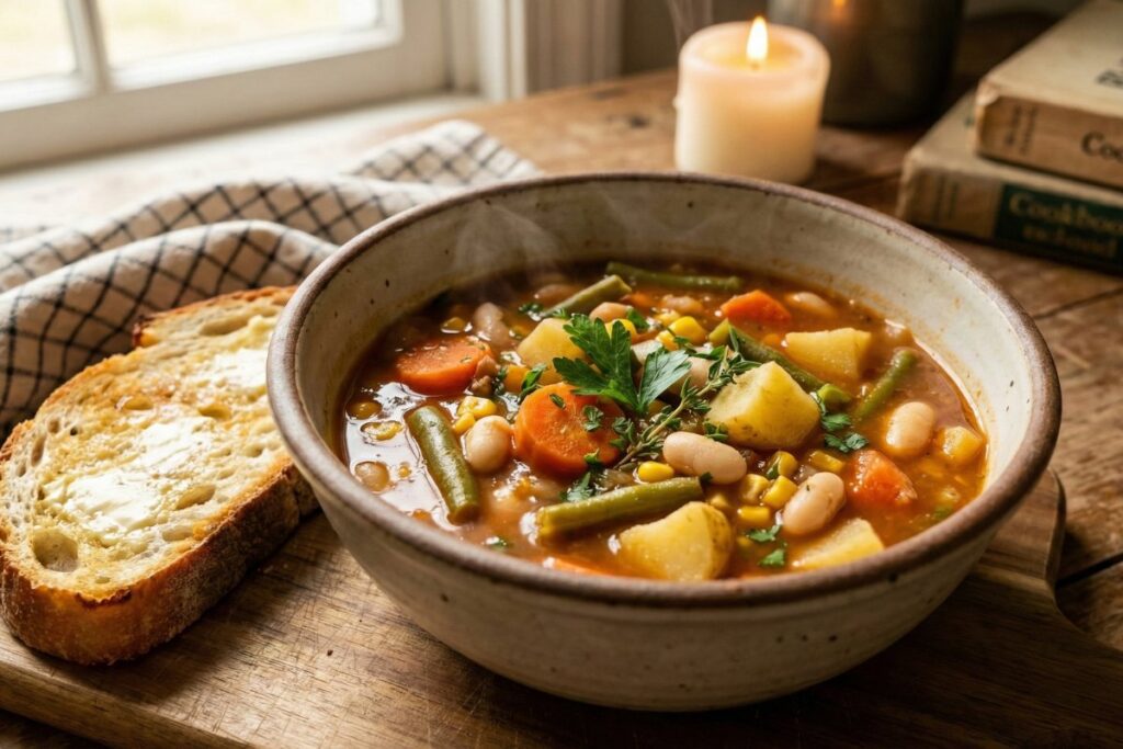 Hearty bean and vegetable soup with white beans, carrots, and kale in ceramic bowl with crusty bread
