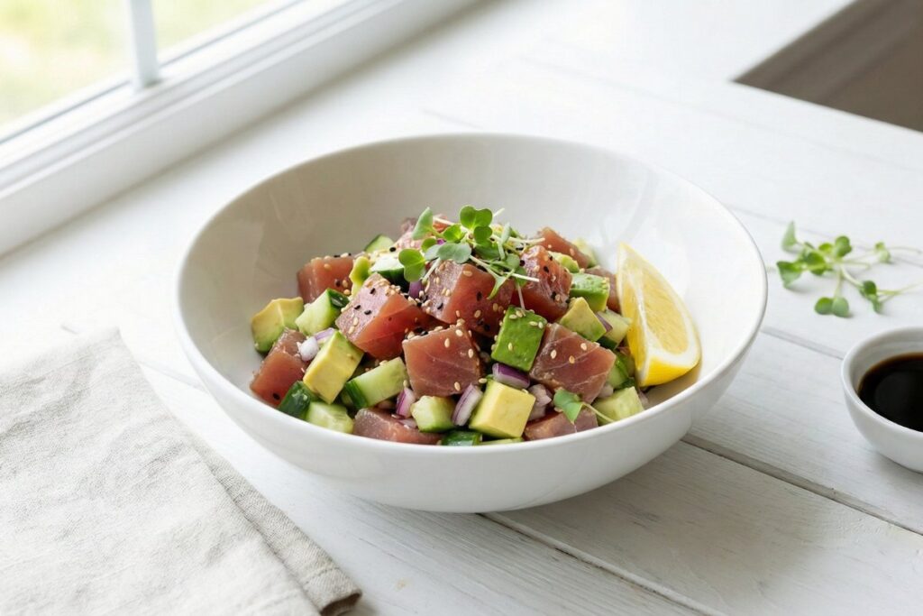 Tuna avocado salad bowl with lemon wedge and microgreens on white background, healthy high protein lunch