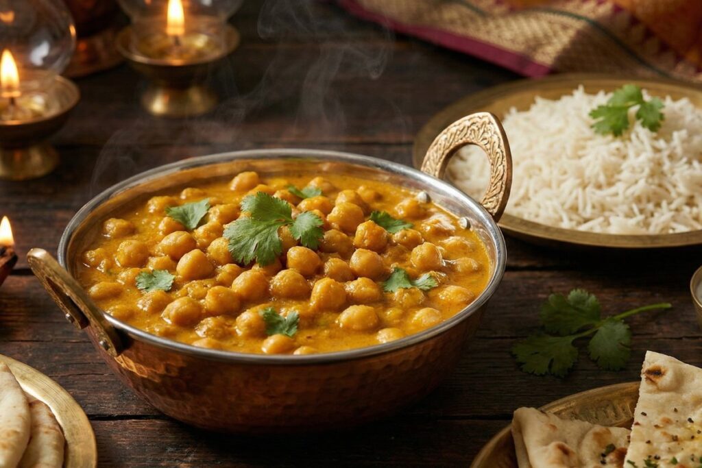 Golden chickpea curry in coconut sauce with cilantro garnish served with basmati rice in traditional bowl