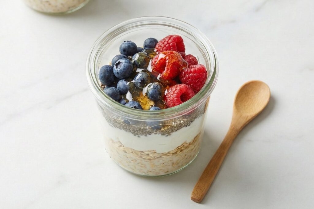 Mason jar overnight oats with visible layers of oatmeal, Greek yogurt, chia seeds, and fresh berries on top