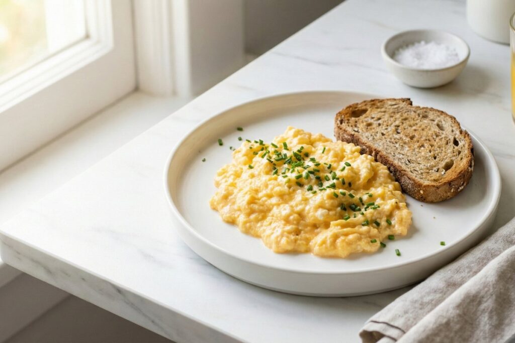 Fluffy cottage cheese scrambled eggs on white plate with whole grain toast and fresh chives