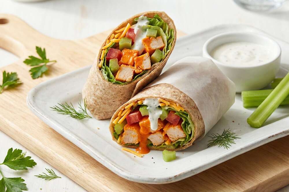 Buffalo chicken wrap cut in half showing layers of chicken lettuce tomatoes and ranch on white platter