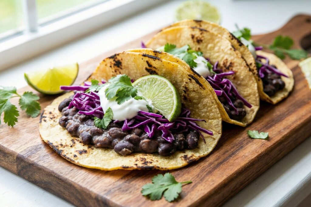 Black bean tacos on corn tortillas topped with cabbage, salsa, and Greek yogurt on wooden serving board
