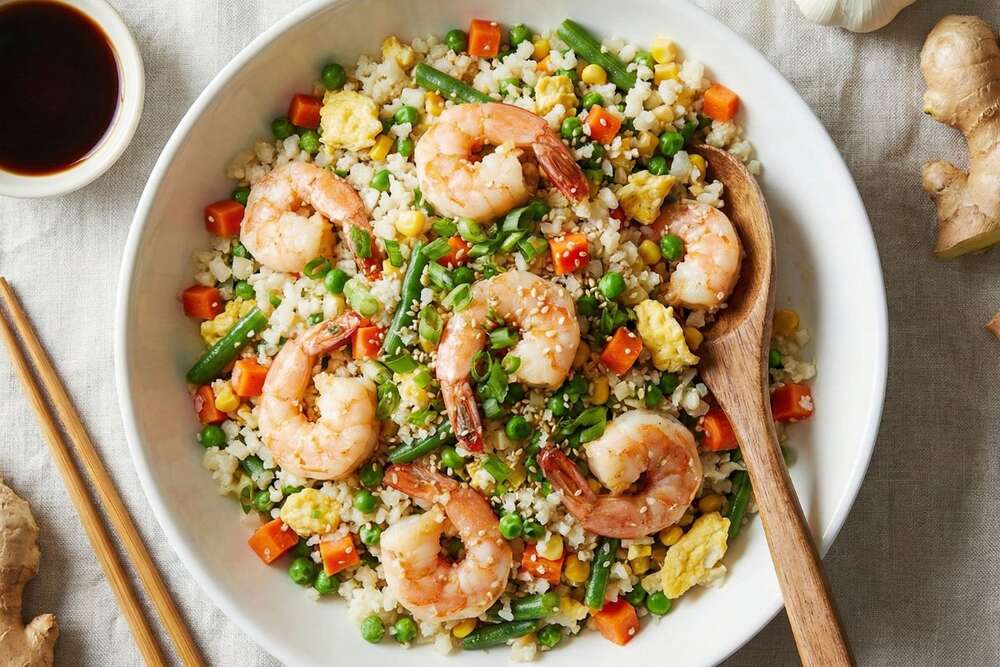 Shrimp cauliflower fried rice with mixed vegetables and scrambled eggs in white ceramic bowl