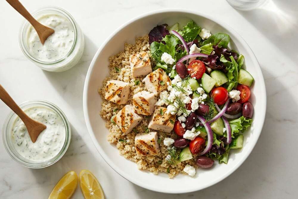 Greek chicken bowl with quinoa cucumber tomatoes olives and tzatziki in white shallow bowl on marble