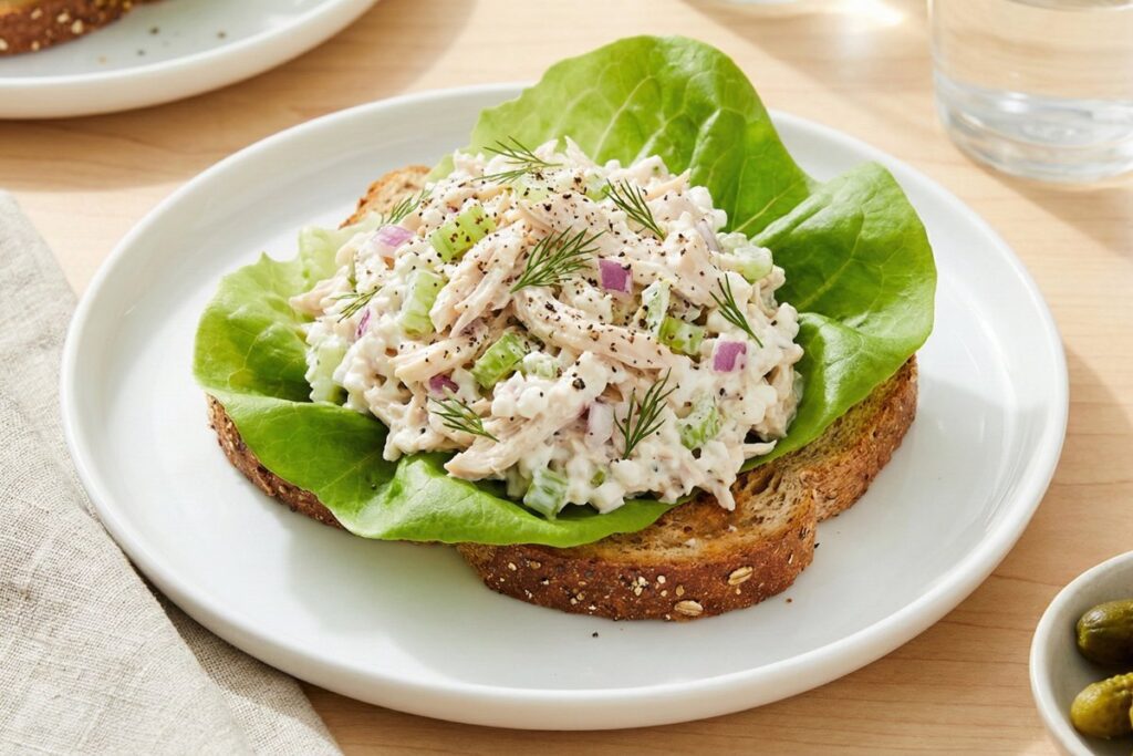 Healthy chicken salad made with cottage cheese on whole grain bread and in lettuce wraps on white plate
