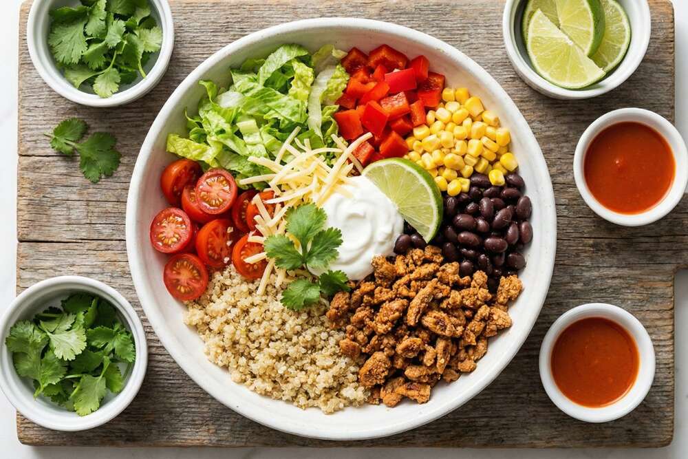 Turkey taco bowl with quinoa black beans corn and Greek yogurt in white ceramic bowl on wooden board