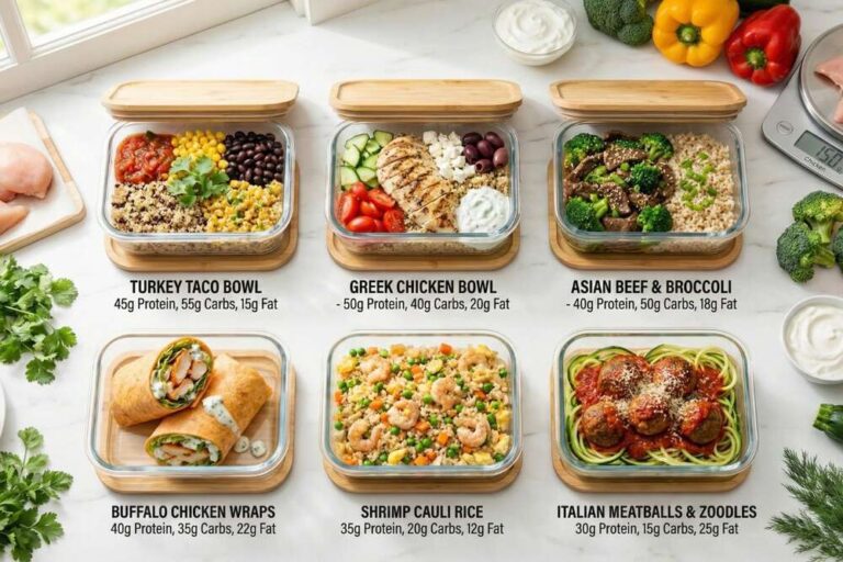 High protein meal prep for weight loss in six glass containers showing turkey taco Greek chicken beef broccoli wraps shrimp rice and meatballs on marble counter