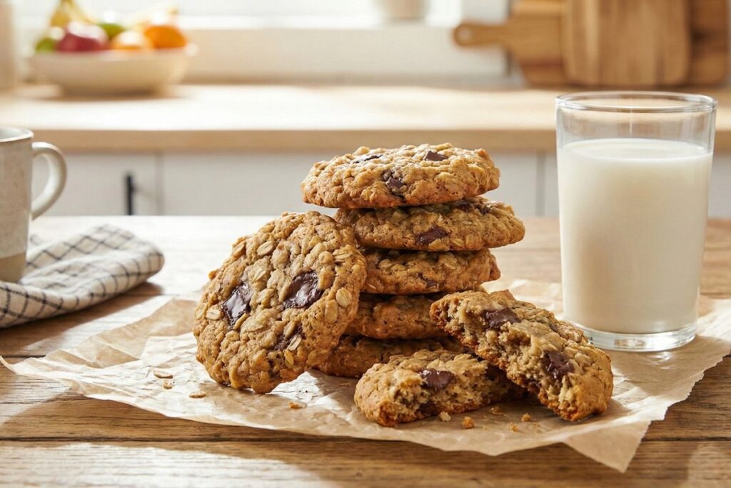 Homemade banana oat cookies stacked on parchment paper with chocolate chips and glass of milk