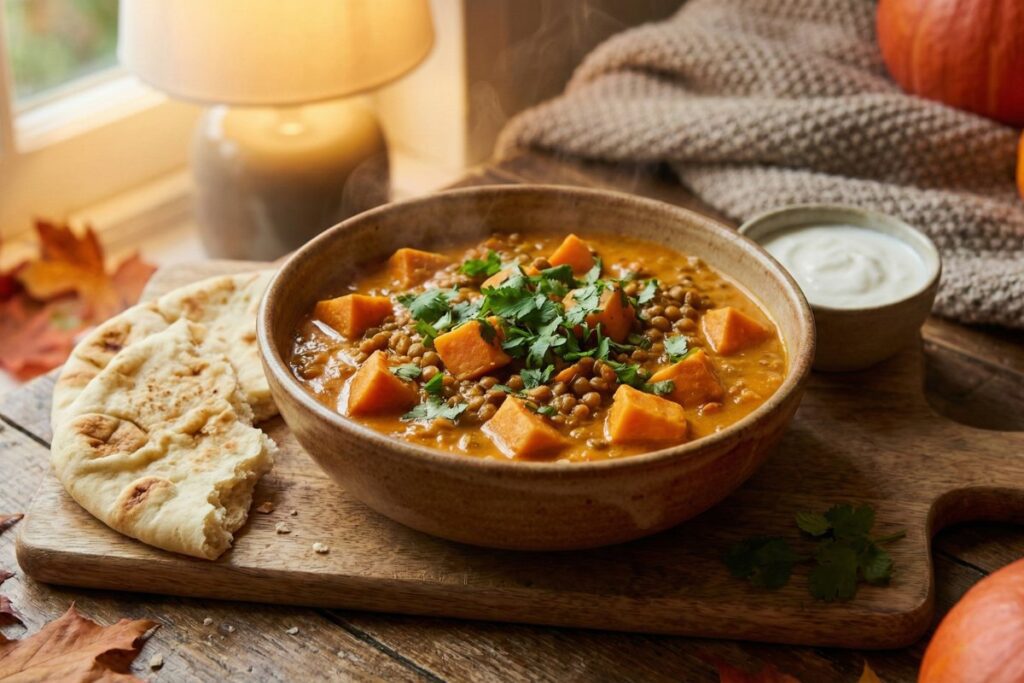 Lentil and sweet potato curry stew in coconut sauce with cilantro garnish and naan bread on side