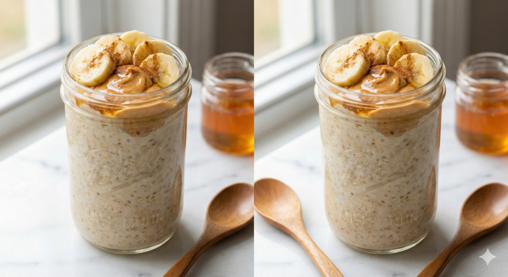 cheap healthy breakfast overnight oats with banana and peanut butter in jar