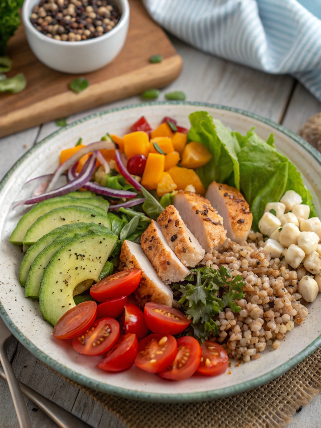 Budget-friendly healthy meal with salmon, quinoa, avocado, and fresh vegetables