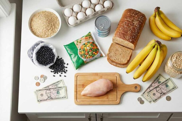 cheap healthy meals ingredients on kitchen counter including rice beans eggs and vegetables