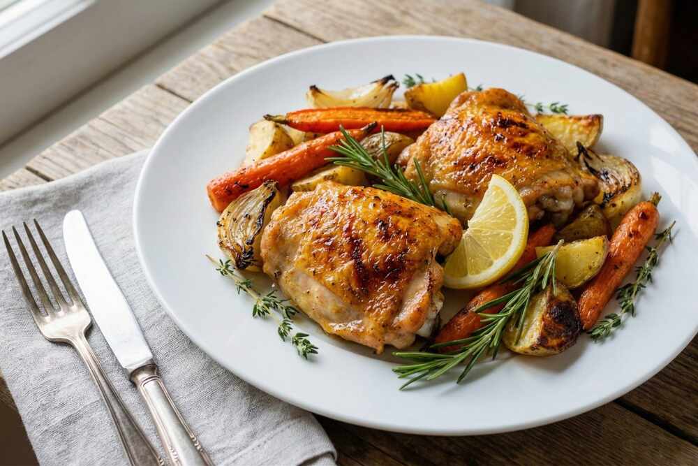 cheap healthy dinner baked chicken thighs with roasted vegetables