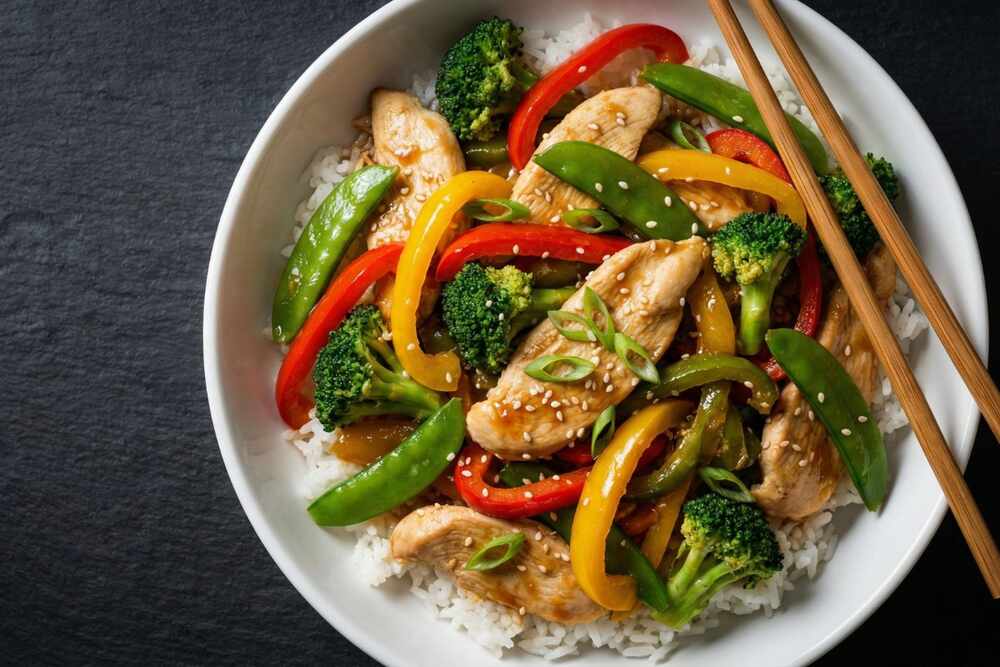 cheap healthy dinner chicken stir fry with vegetables over rice