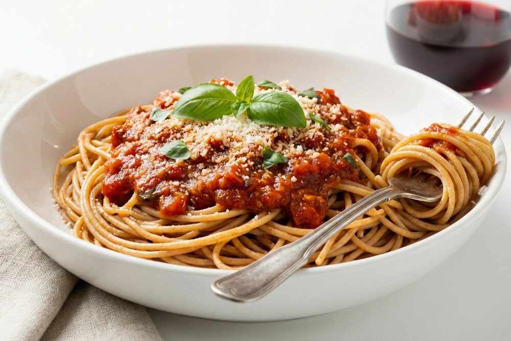 cheap healthy dinner spaghetti with marinara sauce and parmesan cheese