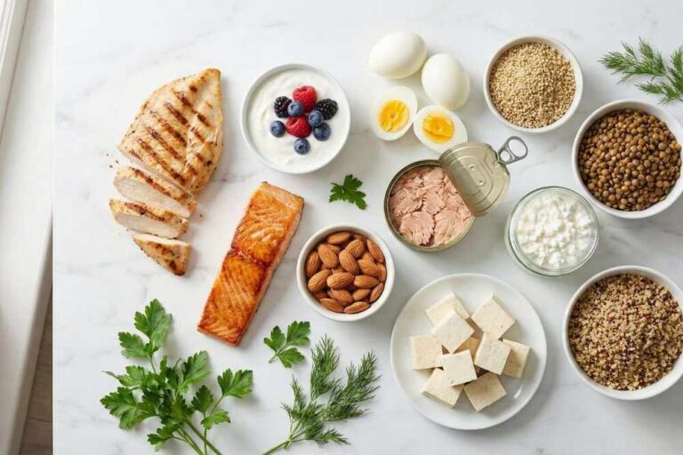 High protein foods including chicken fish eggs dairy and legumes on marble counter