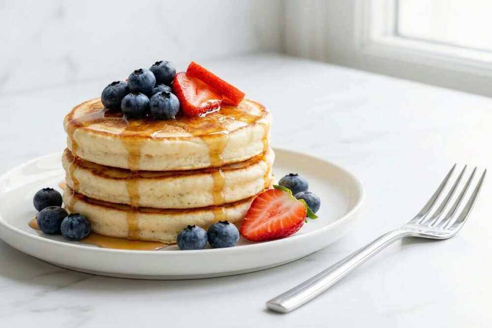Cottage cheese protein pancakes with fresh berries and maple syrup
