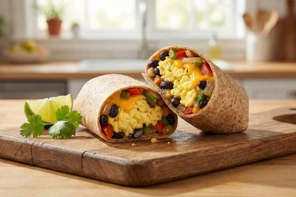 High protein breakfast burrito with eggs black beans and cheese