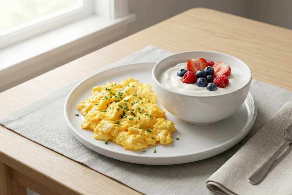 High protein breakfast with scrambled eggs and Greek yogurt with berries