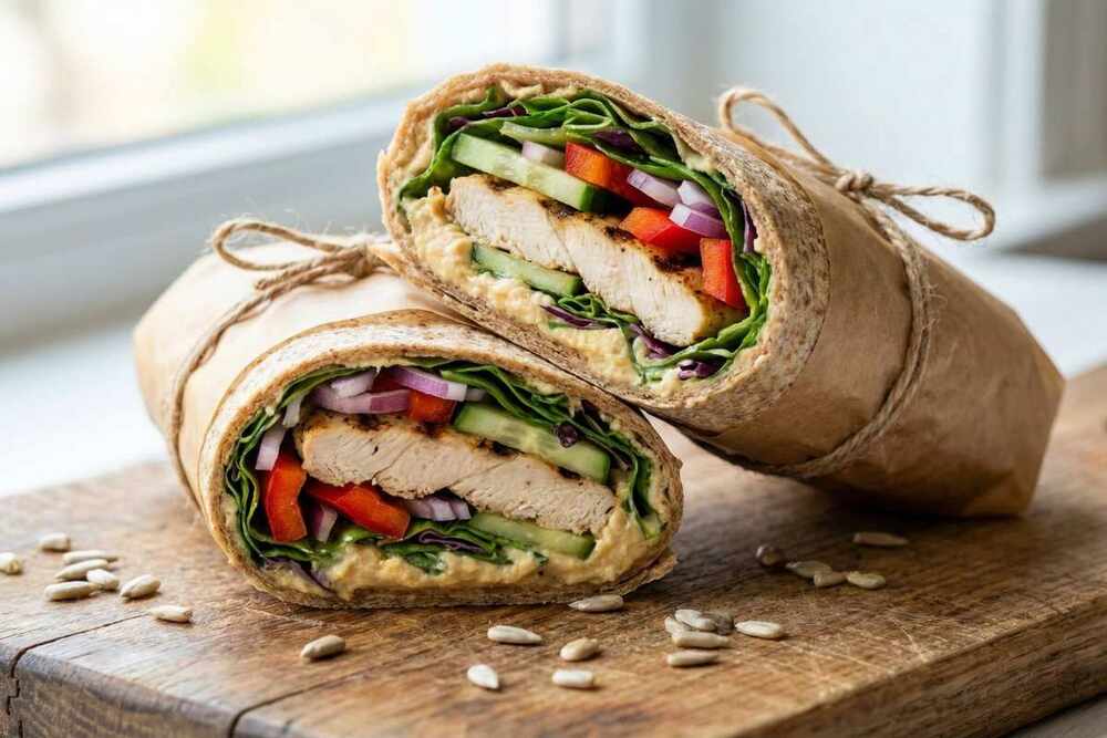 High protein chicken wrap with vegetables and hummus