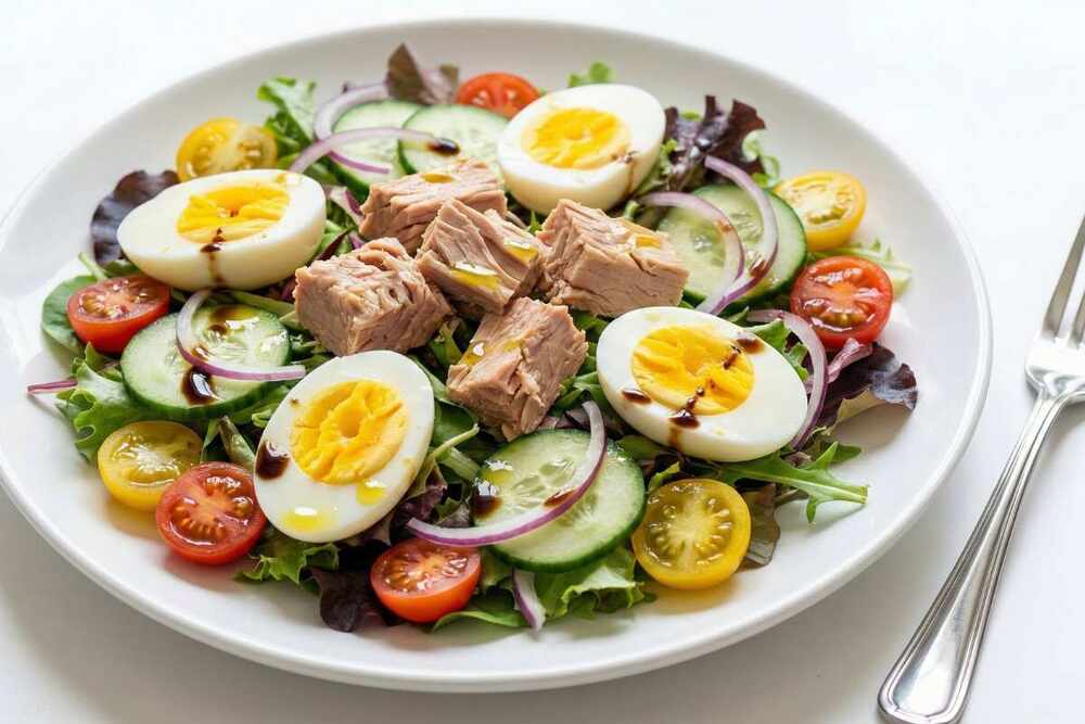 High protein tuna salad with hard boiled eggs and vegetables