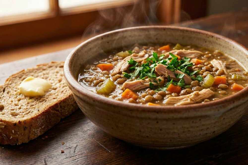 High protein lentil chicken soup with vegetables in bowl