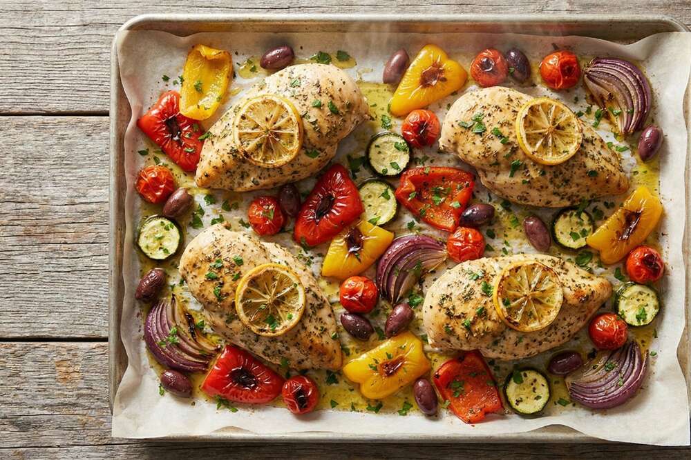 Sheet pan Mediterranean chicken with colorful roasted peppers zucchini tomatoes and olives on baking sheet