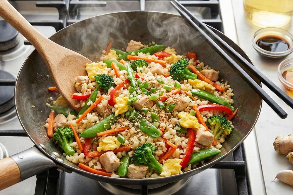 Cauliflower rice stir-fry with chicken mixed vegetables and scrambled eggs in wok with chopsticks