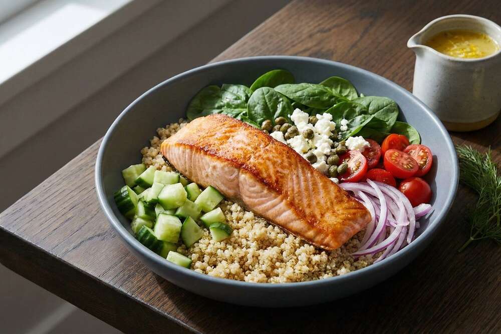 Salmon and quinoa power bowl with fresh spinach cucumber tomatoes feta cheese in slate gray bowl