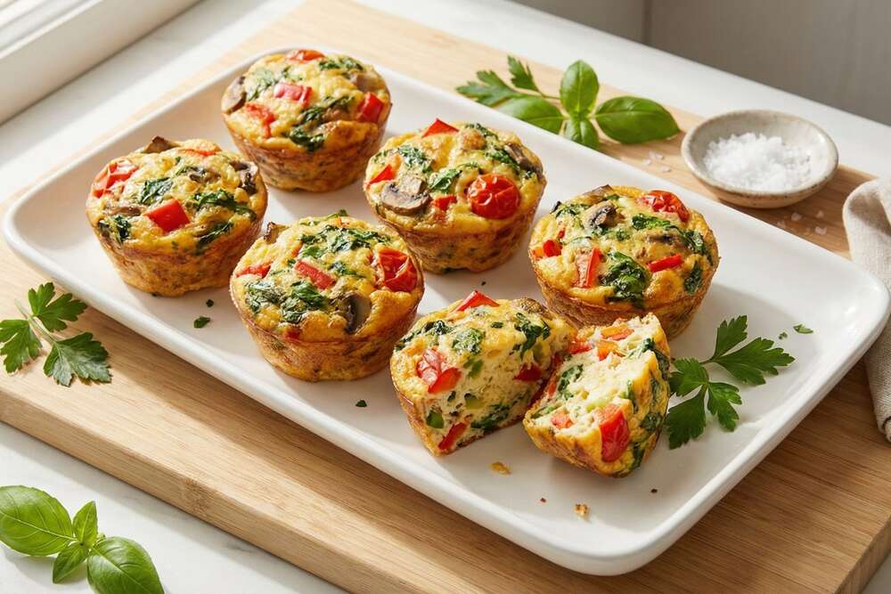 Veggie packed egg muffins with peppers spinach mushrooms and tomatoes on white rectangular platter