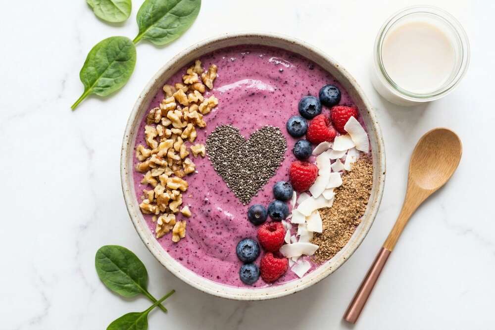  High protein PCOS smoothie bowl in ceramic bowl with blueberries walnuts chia seeds and coconut flakes