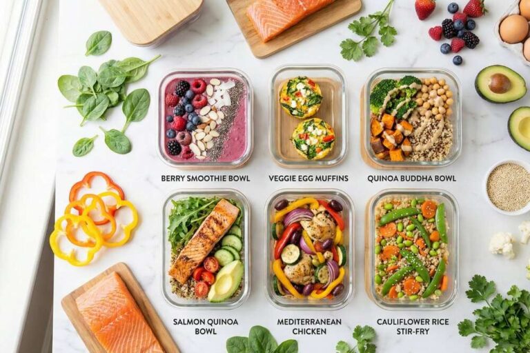 PCOS friendly meals in six glass containers showing smoothie bowl egg muffins Buddha bowl salmon bowl chicken and stir-fry on marble counter