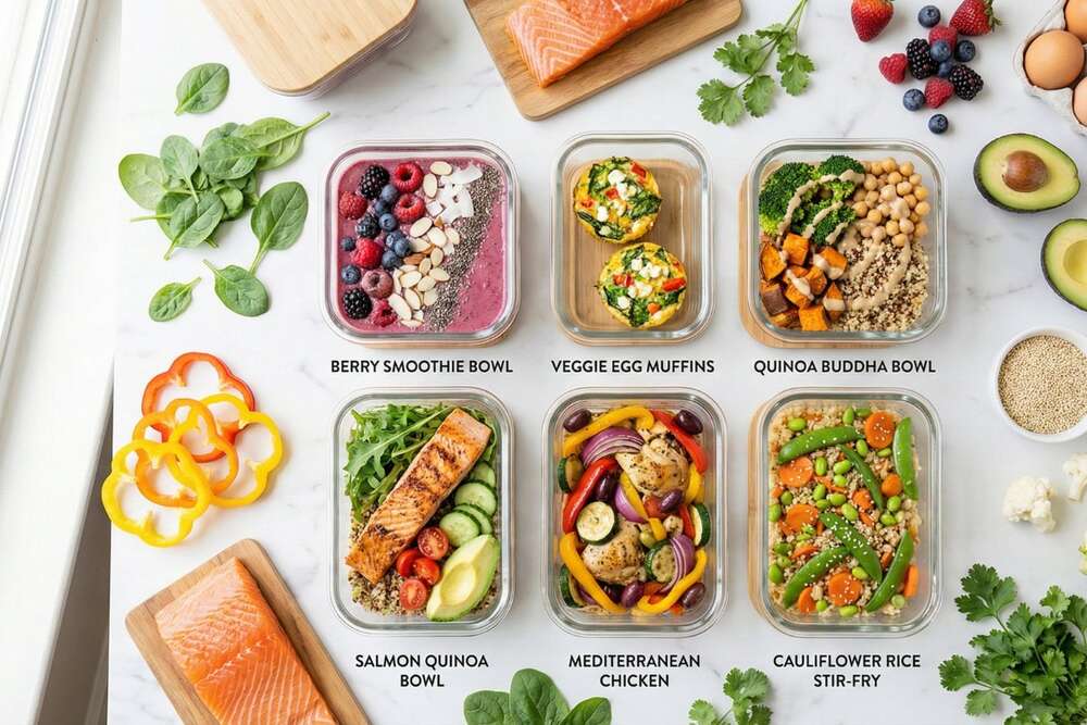 PCOS friendly meals in six glass containers showing smoothie bowl egg muffins Buddha bowl salmon bowl chicken and stir-fry on marble counter