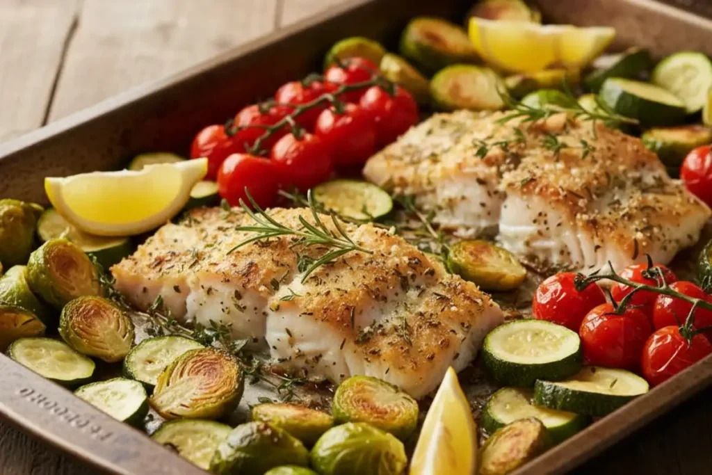 herb crusted cod with roasted vegetables