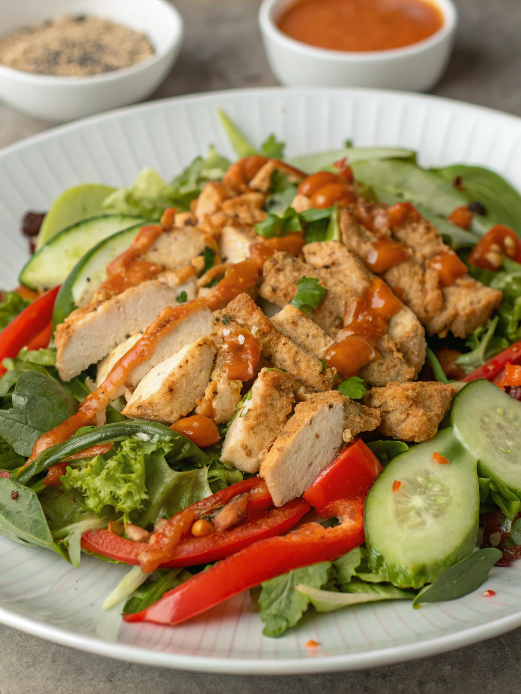 Sriracha chicken salad with grilled chicken, fresh veggies, and spicy dressing – perfect high-protein meal prep bowl