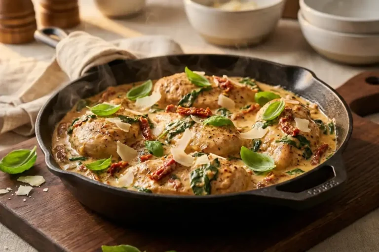 Healthy marry me chicken meal prep in cast iron skillet with creamy sun-dried tomato parmesan sauce and fresh basil