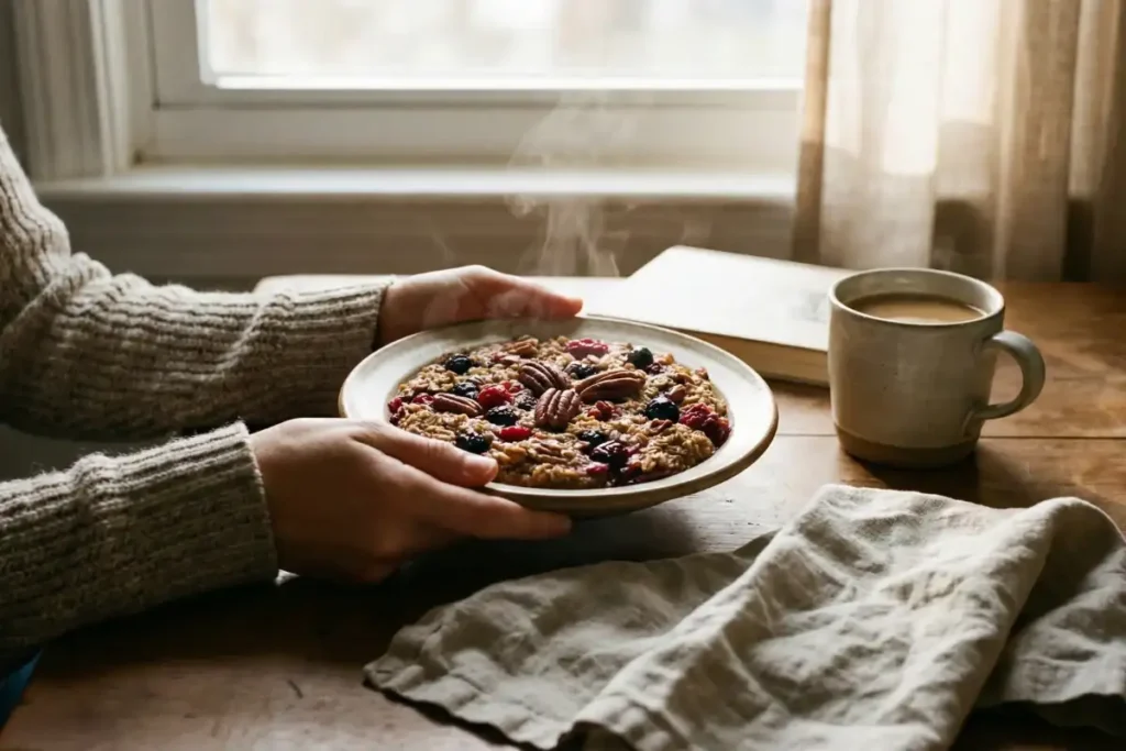 Enjoying high protein baked oatmeal for a cozy healthy breakfast