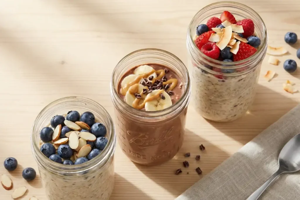 Three jars of high protein gluten free overnight oats with different toppings