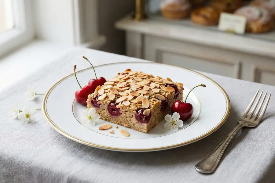Cherry almond baked oatmeal square with sliced almonds and fresh cherries on white porcelain plate