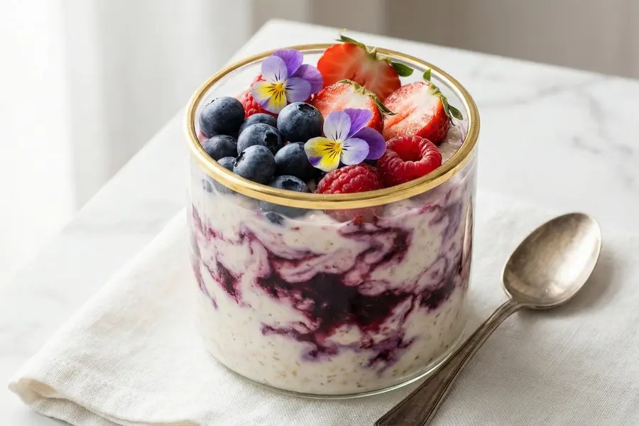 Vanilla berry high protein overnight oats in elegant glass jar with fresh berries and gold spoon