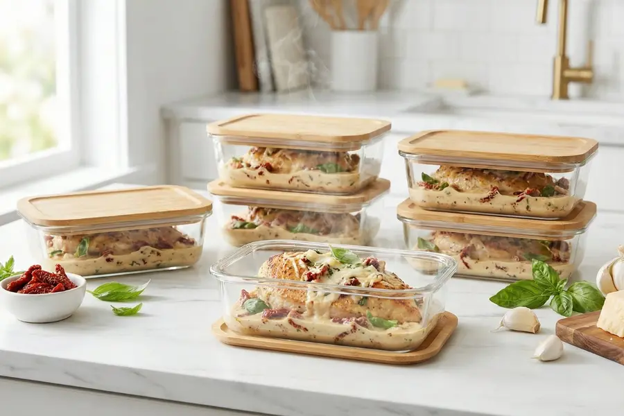 Before and after comparison of original vs healthy Marry Me Chicken showing calorie difference
