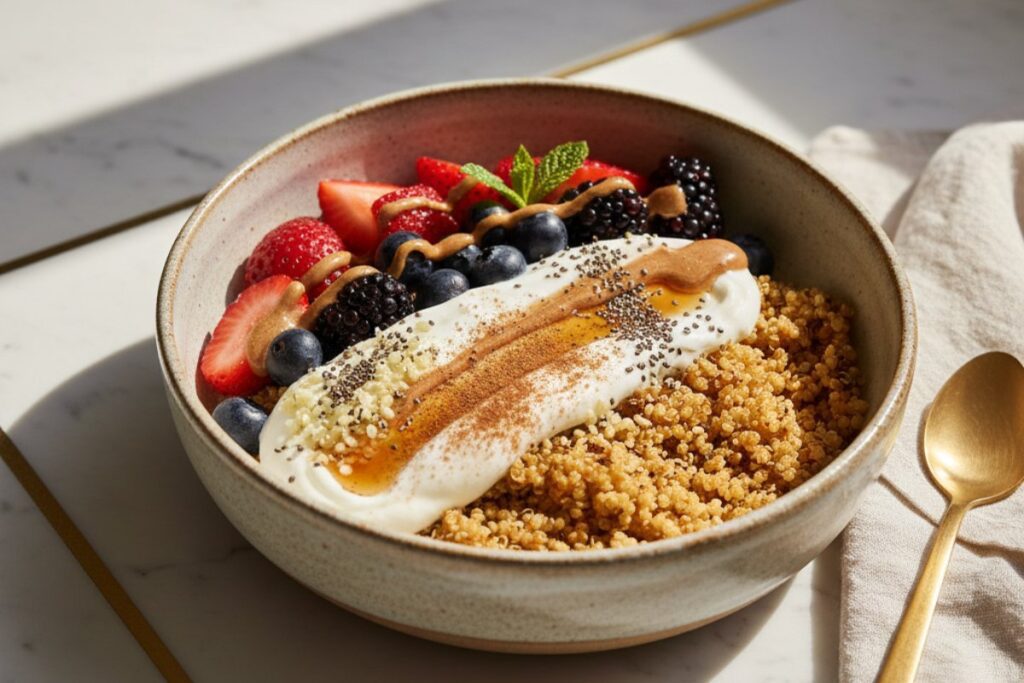 Elegant quinoa breakfast bowl 22g protein alternative grain photography