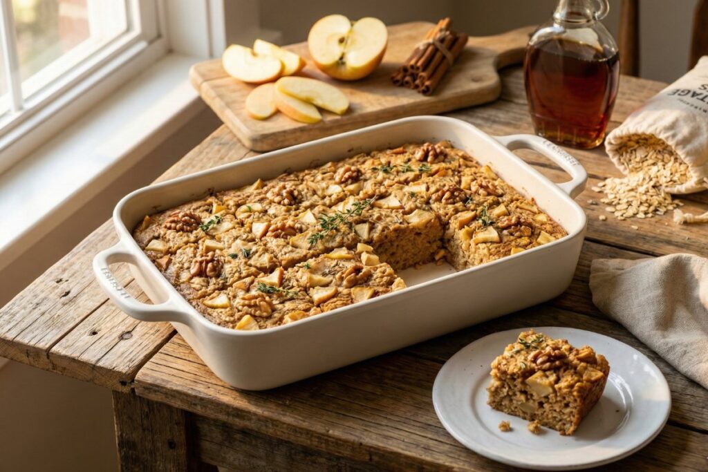 Cozy elegant apple cinnamon baked oatmeal Le Creuset comfort food luxury 